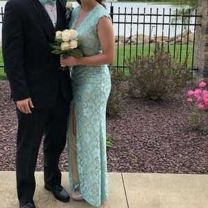 teal lace prom dress